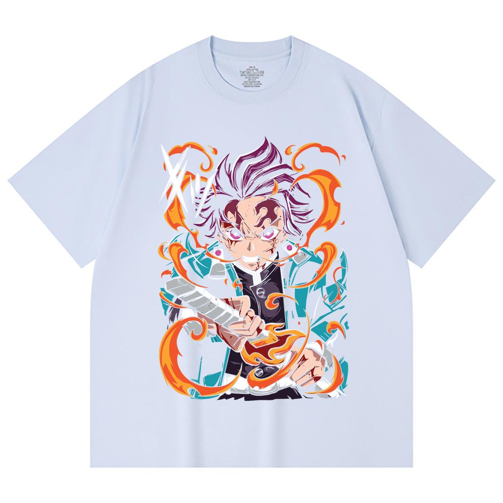 230 Gsm 100% Cotton Demon Slayer V64 Tanjiro Fire Breathing Print Unisex Heavy Cotton T Shirt