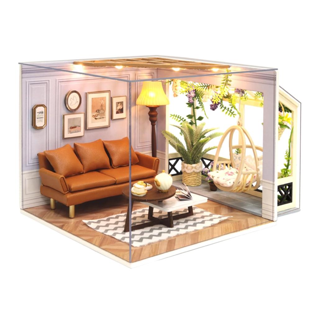 CUTEROOM Miniature Dollhouse Kit with Dustproof Cover and LED Light DIY House Wooden Dollhouse Kit for Teens Creative Gift for Craft Lovers Furniture,