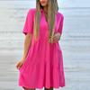 Летнее женское платье с V-образным вырезом и лацканами, плиссированное лоскутное подол, однотонное свободное платье трапециевидной формы с короткими рукавами и длиной до колена, платье миди