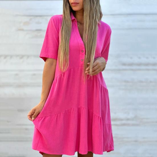 Летнее женское платье с V-образным вырезом и лацканами, плиссированное лоскутное подол, однотонное свободное платье трапециевидной формы с короткими рукавами и длиной до колена, платье миди