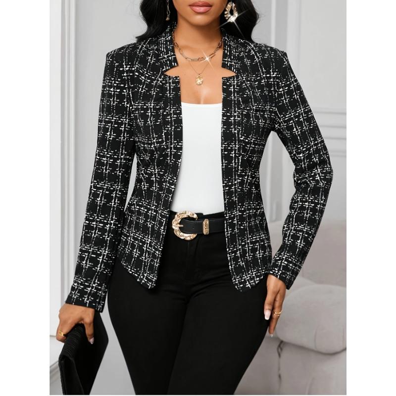 Women's Lightweight Plaid Long Sleeve Jacket - Stylish Open Front Outerwear for Spring & Fall, Black & White Houndstooth Pattern,