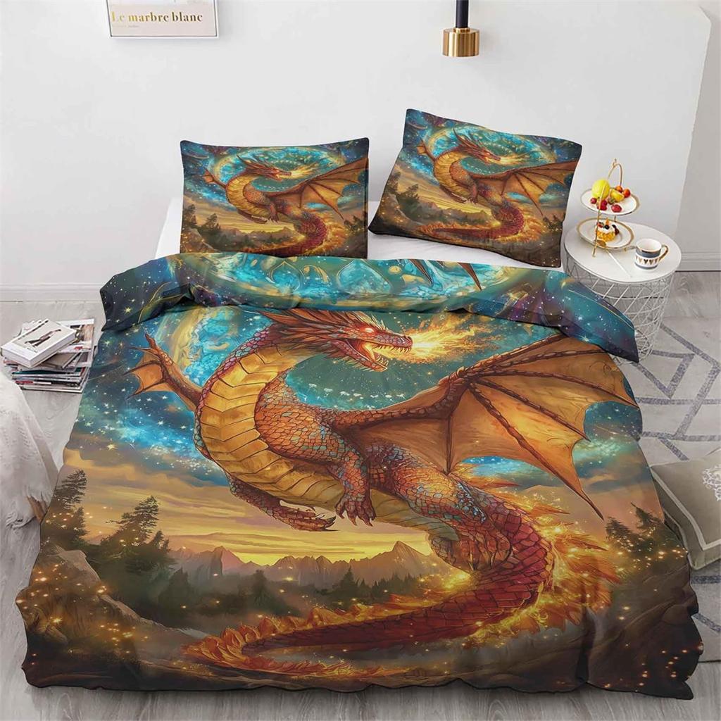Flame Dragon Duvet Cover Set, Kids Boys Games Flame Wild Animal Comforter Cover and Pillow Cases for Adults Kids Bedroom Decor