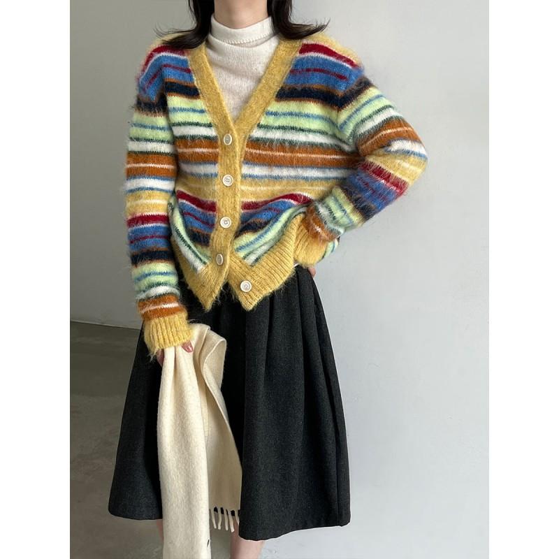 LUXI Korean Ins Vintage Rainbow Striped Cardigan Wool Blend Knit Sweater SS1152