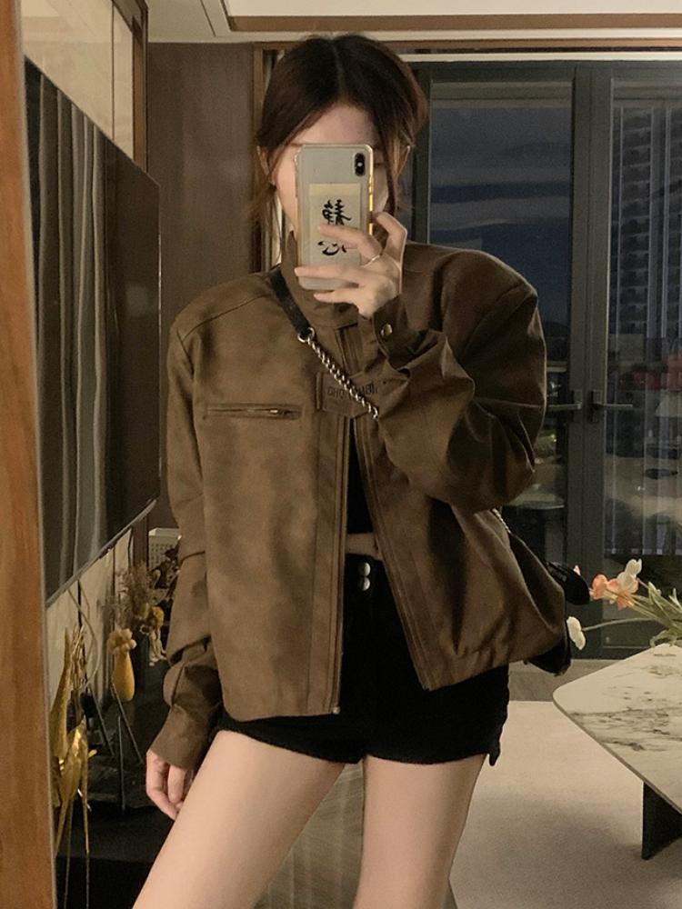 Американская ретро коричневая кожаная куртка мотоцикла женская модная дизайнерская короткая куртка с наплечниками в стиле гранж, тонкое пальто в уличном стиле