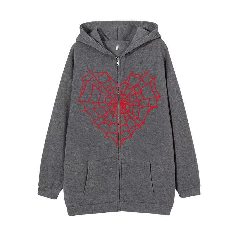 Spider Web Print Hooded Sweatshirt Women Loose Fit Zip-Up Casual Streetwear Oversized Pullover