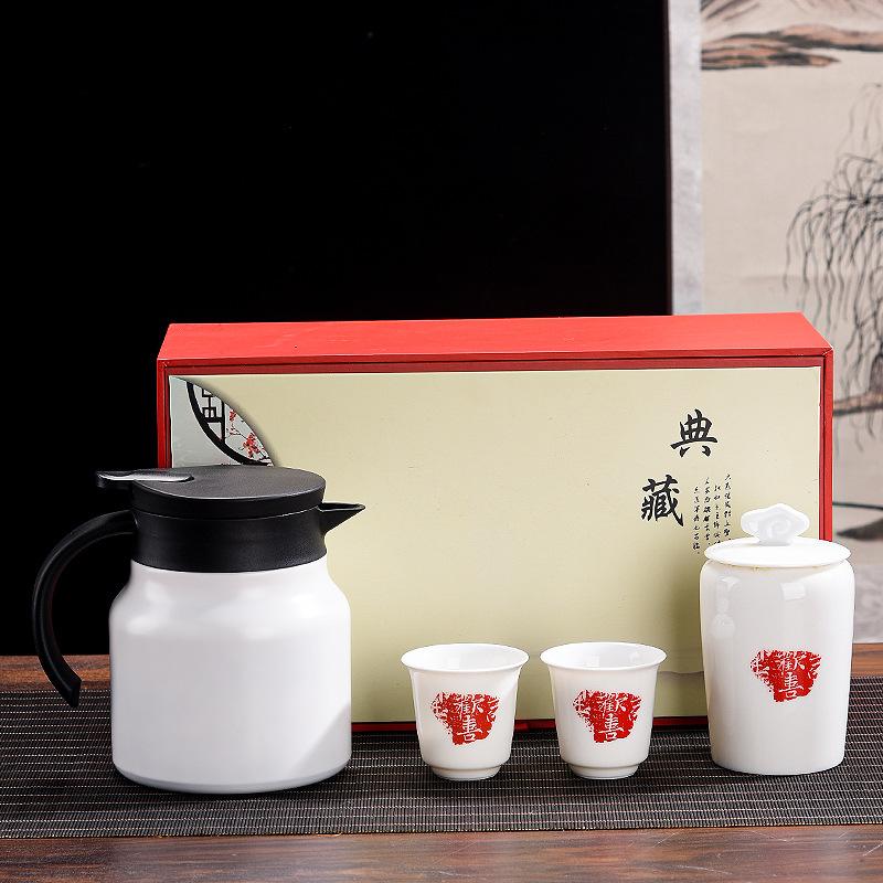 High-grade stewed teapot suet jade teacup cover, household light luxury business gifts can be printed, and the whole set of stewed teapots is