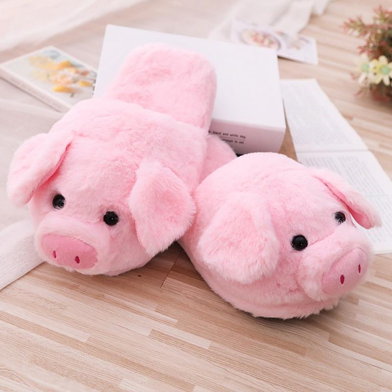 Women Pink Piggy Plush Slippers Indoor Floor Shoes Pig Cartoon Animals Winter Warm Anti-slip Slippers