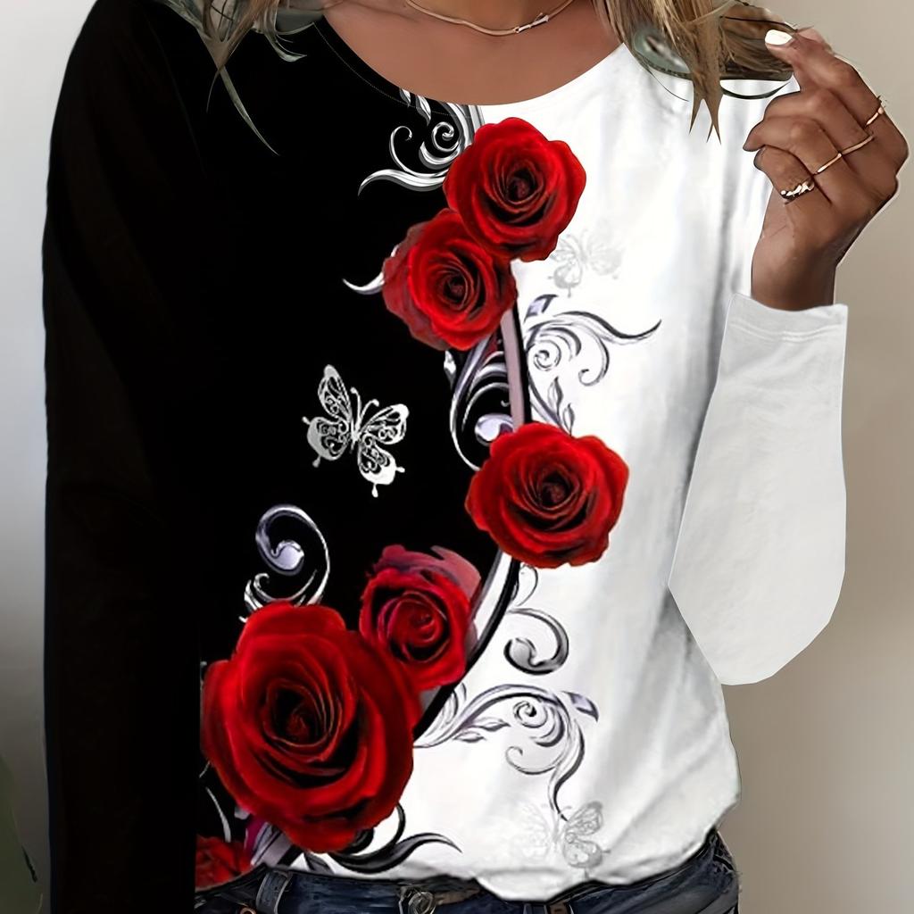 Women's Long Sleeve Flowers and Roses Pattern T Shirts Tops 2024 Autumn New Fashion Women's Top Harajuku Fun Pullover Clothing