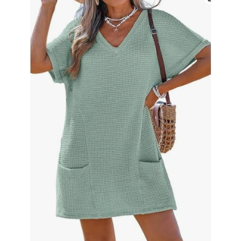 Knitted Tank Dress With Pockets And Deep V Neck For Beach And Travel Use