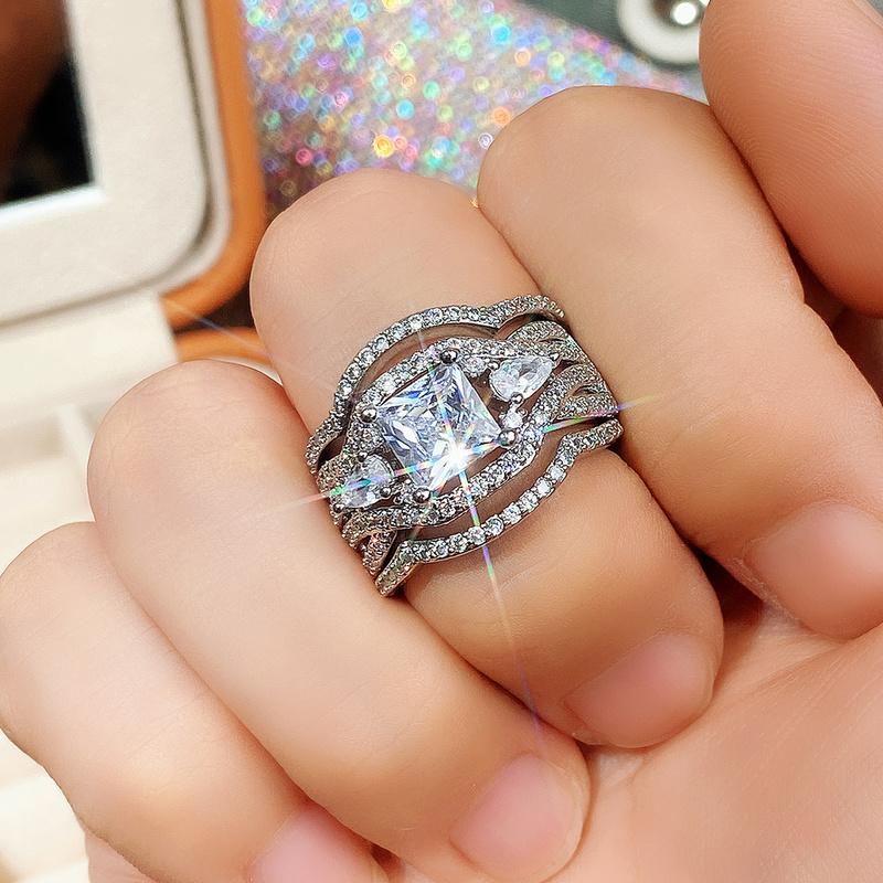 Благородный женский обручальный комплект колец с блестящим фианитом великолепный комплект из 3 колец для невесты изысканные высококачественные аксессуары для женщин