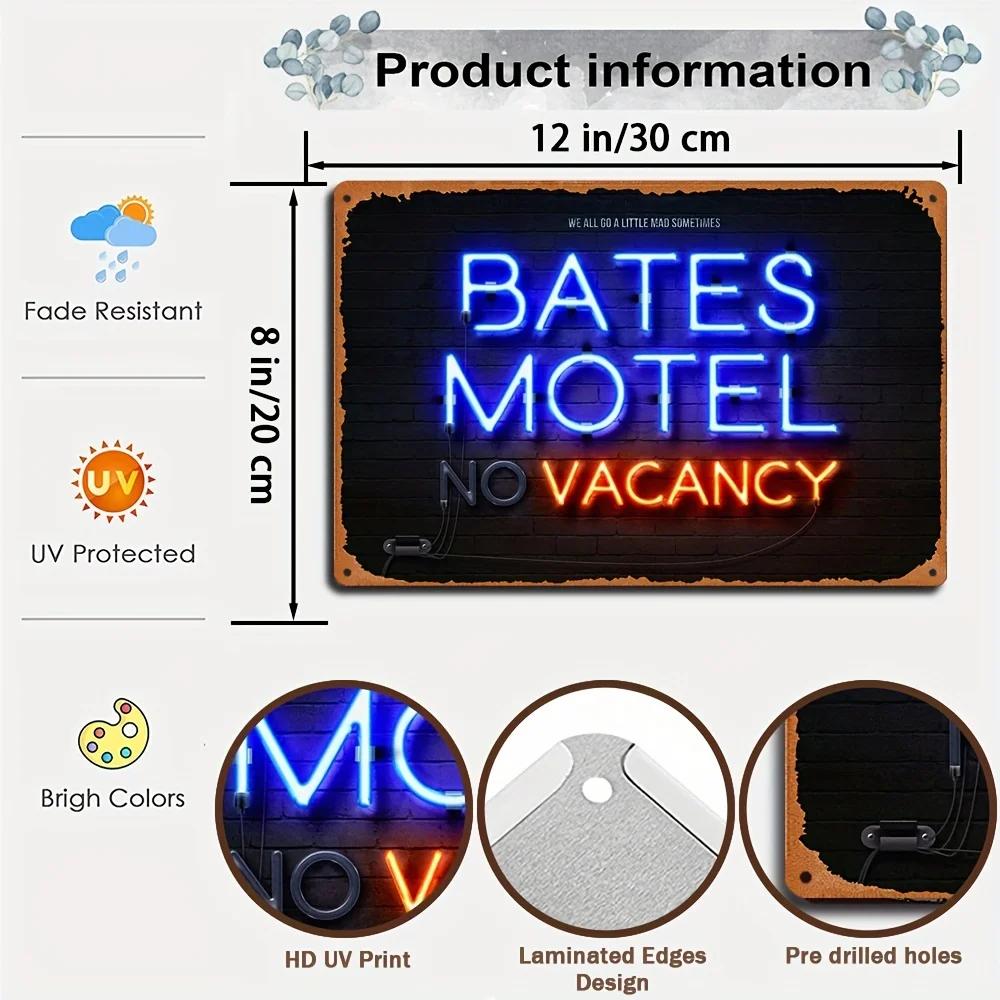 Неоновая металлическая жестяная вывеска «Bates Motel» в ностальгическом стиле — идеальный декор стены для мужской берлоги, подвала, бара, таверны и многого другого!