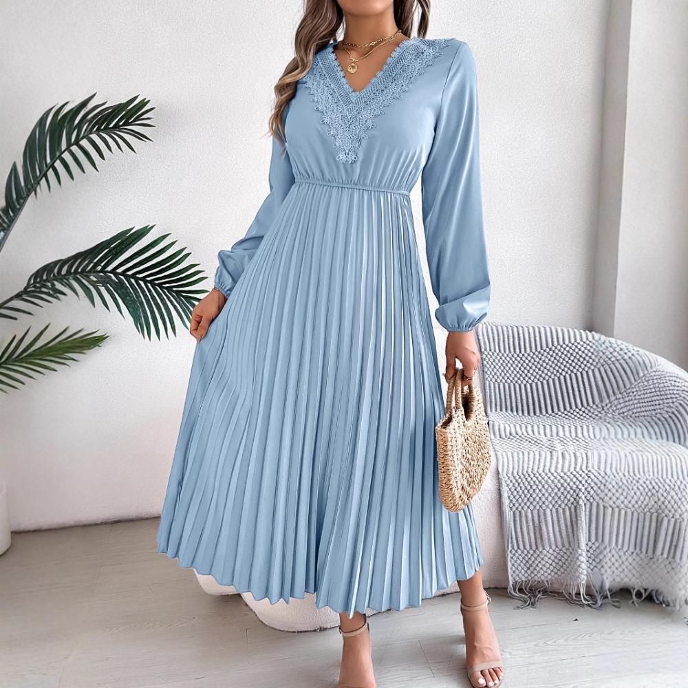 Spring and Summer Elegant Temperament V-neck Lace Waisted Pleated Long Women's Dresses Long Skirts