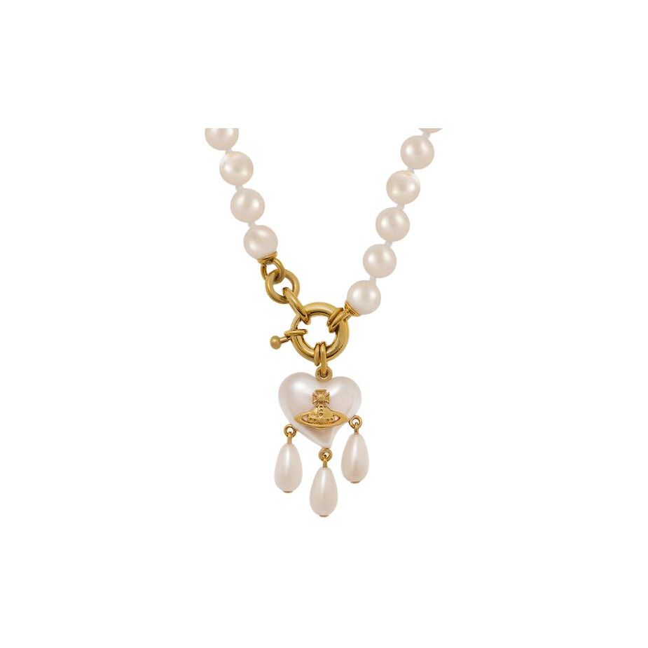 Vivienne Westwood Sheryl Heart Pearl Pendant Recycled Brass Glass Pearl Necklace Unisex necklace Gold 6301012B02R107