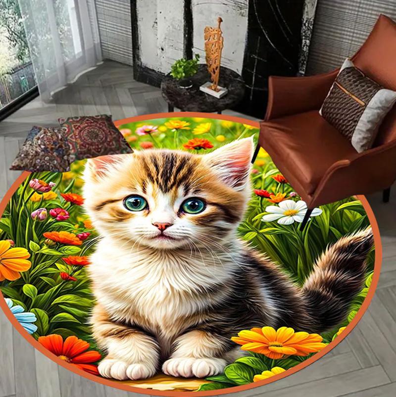 Необычный круглый ковер с котами Милые котята Красочный цветочный дизайн Декор для дома Круглый ковер Мягкий нескользящий коврик для пола Гостиная