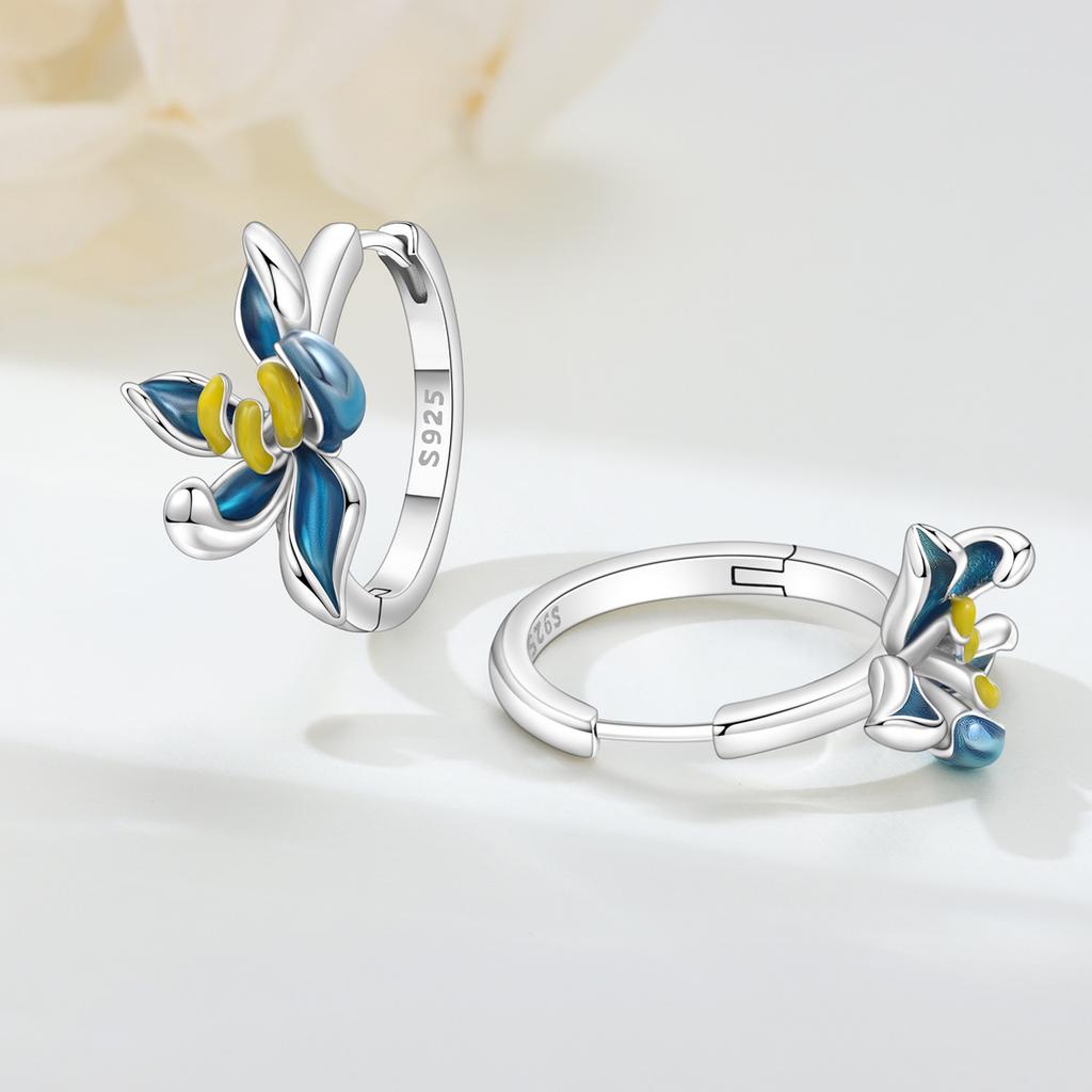 S925 Silver Blue Orchid Flower Earrings Hoop Earrings Women Jewelry Trendy Anniversary Gifts