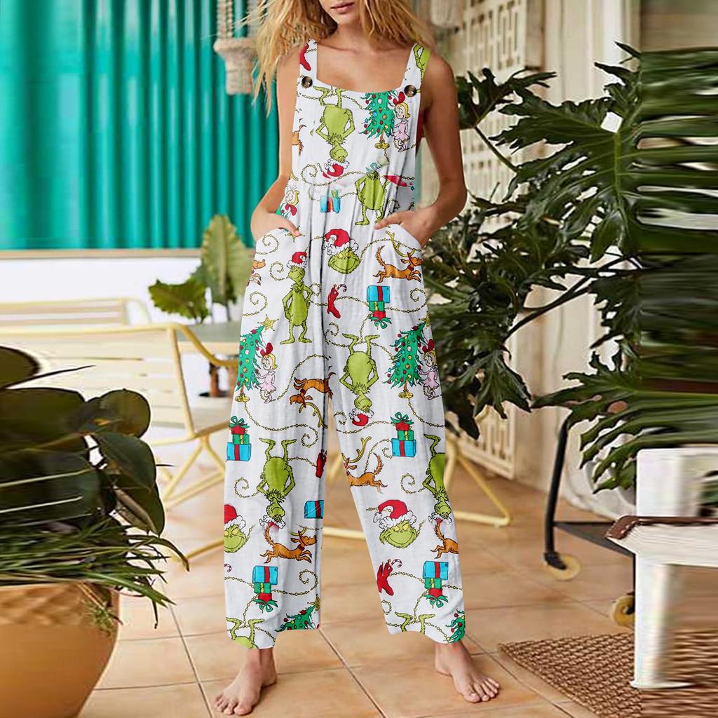 Women's Jumpsuit Halloween Print Casual Loose Vintage Shoulder Strap Cotton Linen