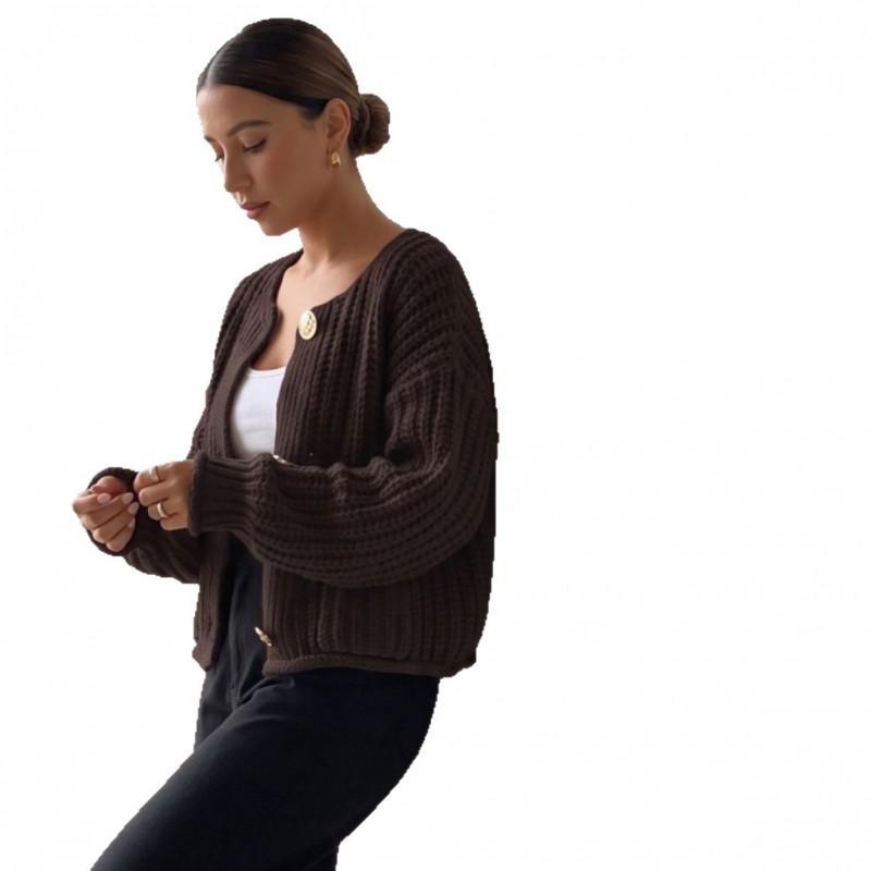 2026 Womens Knit Cardigan Metal Button Oversized Thick Crew Neck Sweater