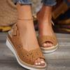 Large Size Thick Low Hollow Sandals Women 2024 New Twine Bottom Buckle with A Solid Color Wedge with A Fish Mouth