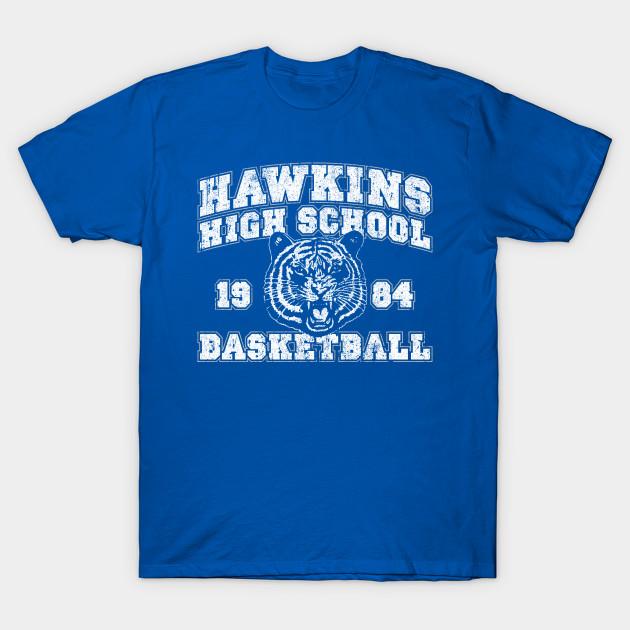 Asian Size Men Print T-shirt Hawkins High School 1984 Tigers Basketball No-Cut Heat Transfer Print Cotton Tshirt