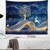 Бегущий олененок, золотое дерево, горное озеро, ночная сцена, гобелен, художественный фон, ткань, богемный гобелен, эстетика комнаты, украшение дома