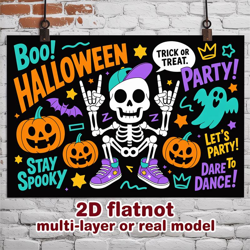 Party Backdrop Halloween Flat Spooky Skeleton Spanish Text Weddings Showers Birthdays Photo Background Decor Front Door Decor
