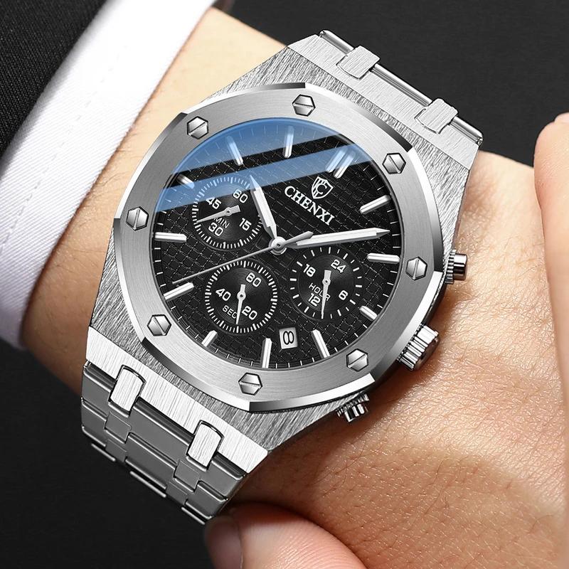 Chenxi Top Luxury Brand Auto Date Wristwatch Mens Sport Waterproof Multi Function Chronograph Stainless Steel Wristwatches