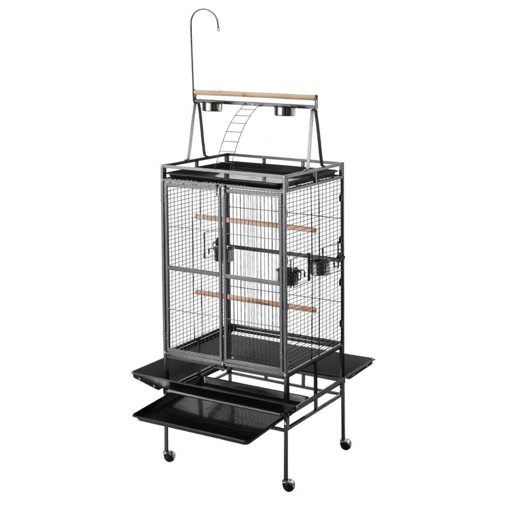 Bird Cage, 830 x 790 x 2100 mm, Open Flat Top, Wrought Iron Bird Flight Cage with Perches, Slide-Out Tray, Plastic Feeders, for Cockatiel, Monk