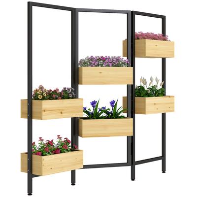 Flower Box with Privacy Screen, Raised Bed with Foldable Trellis, 6 Planting Boxes with Drainage Holes, Steel