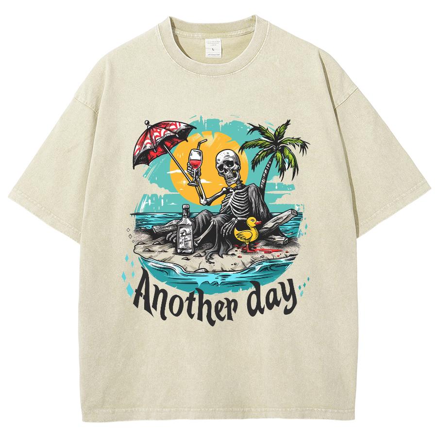 Beach Coconut Tree Skull Print Women's T-Shirt Oversized Loose Wash Cotton Short Sleeve Casual Fashion Street