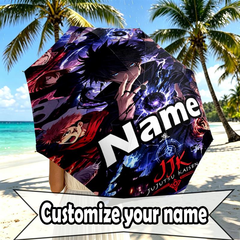 Custom Name Personalized Jujutsu Kaisen Print Umbrella, Auto Open Close, 8‑Rib Sturdy Frame, Commute Camping Hiking Use, Birthday Gift