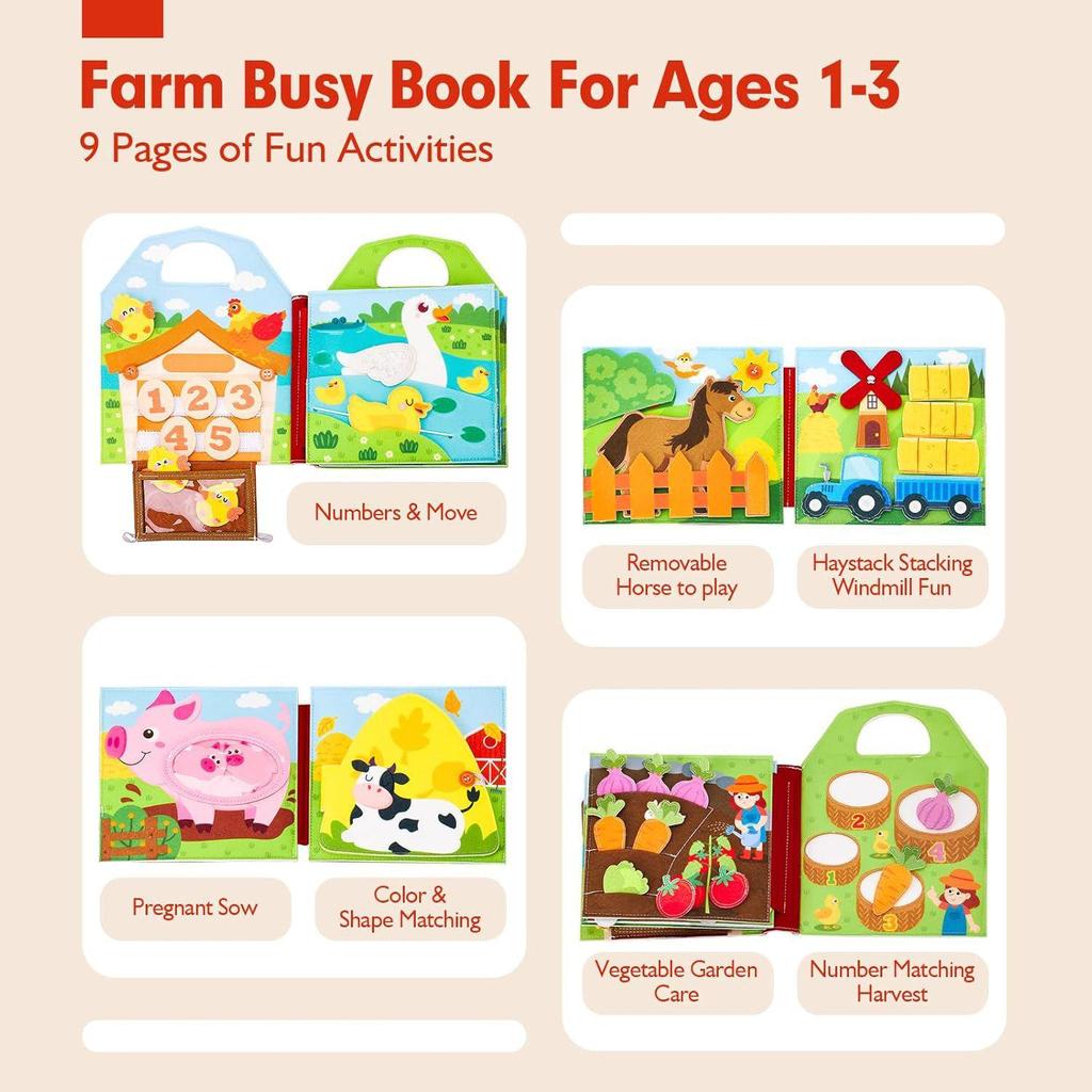 Children's Early Learning Quiet Book: Felt Farm Theme with Tear-and-Stick Activities