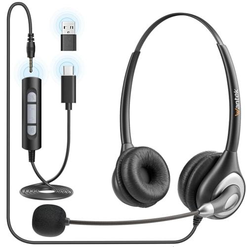 Wantek Type-C USB 3.5mm Headset, Binaural, with Noise-Canceling Microphone and Online Wired Control, PC Headphones for Web Conferencing, Skype, Office