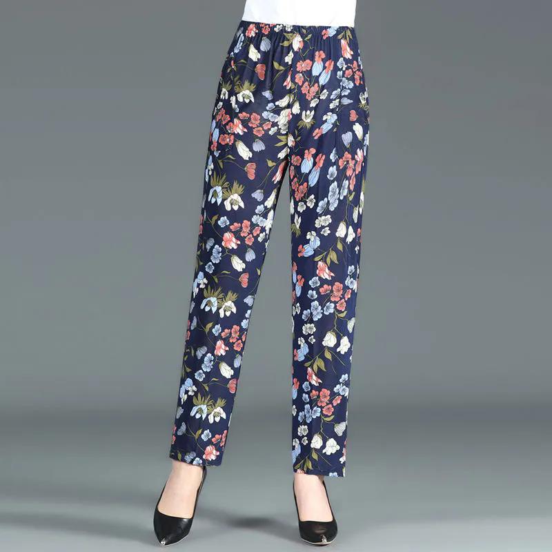 WTEMPO Большой размер, свободные повседневные брюки с высокой эластичной резинкой на талии и карманами, женские тонкие широкие брюки из ледяного шелка с принтом