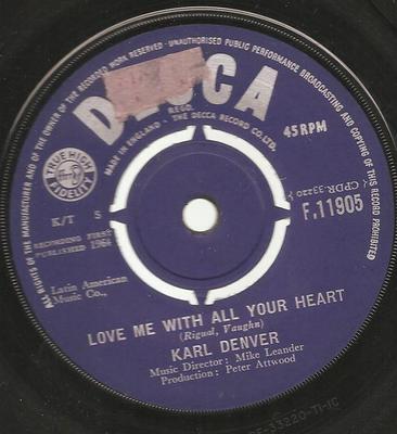 7-дюймовая пластинка KARL DENVER - Love Me With All Your Heart F11905 Decca 1964 UK Pop б/у