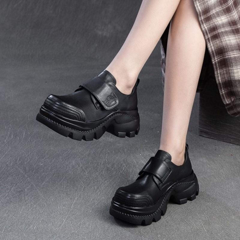 Johnature Туфли в стиле ретро с круглым носком и толстой подошвой. Повседневные женские туфли на платформе с застежкой-липучкой из натуральной кожи.