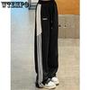 Women Black Sweatpants Stripe Vintage Baggy American Streetwear Female Straight Single Breasting Wide Leg Trouser