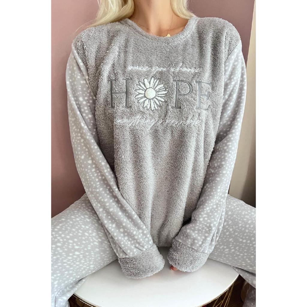 Серый - Женская плюшевая пижама с рисунком Hope