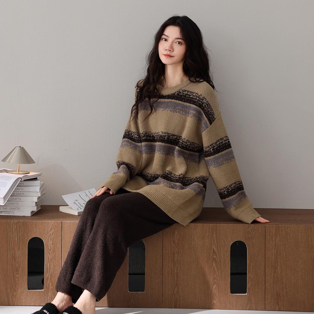 Пижама из полуфлиса женская осенне-зимняя утолщенная с длинным рукавом термо-повседневный пуловер можно носить на улице домашняя одежда коралловый флис костюм