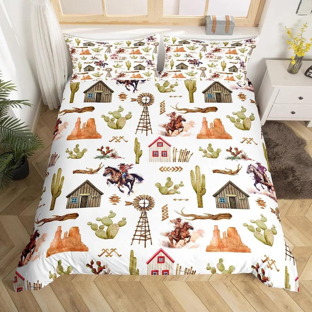 Western Cowboy Duvet Cover Set Twin Size,Horseshoe Stars Cowboy Hat Pattern Comforter Cover Rustic Vintage Southwest Bedding Set