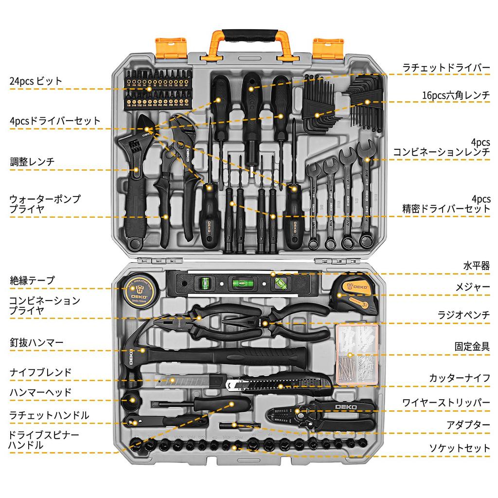 DEKOPRO Набор инструментов для дома DKMT178 из 178 предметов с ручными инструментами и жестким кейсом для переноски