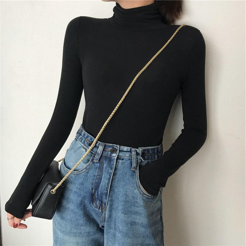 Women's Solid Color High Collar Slim Fit T-Shirt: Trendy Long-Sleeve Korean Style for Autumn/Winter 2025