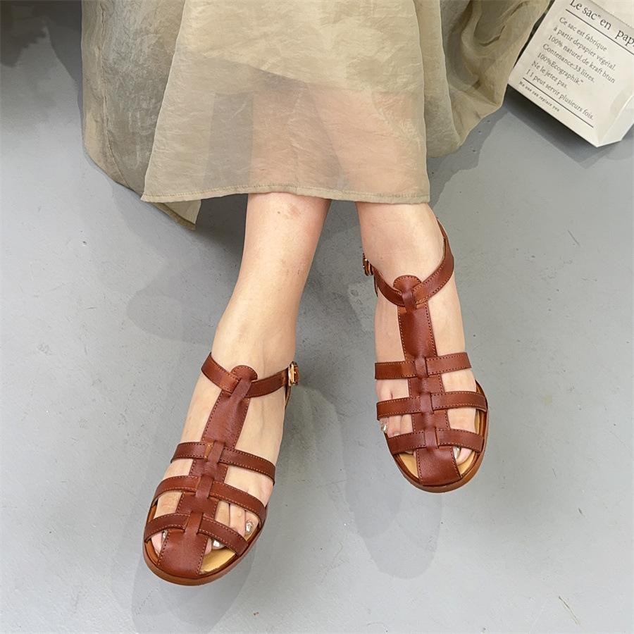 Johnature Универсальные римские сандалии на полом плетеном каблуке в стиле ретро, ​​удобная женская обувь на среднем каблуке из натуральной кожи