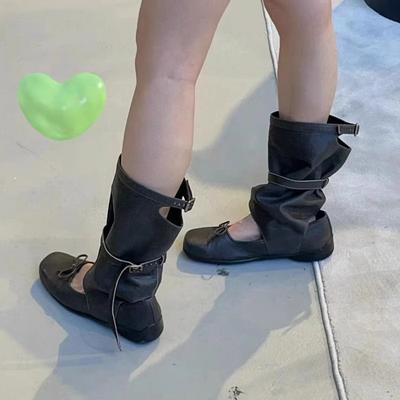 Корейский нишевый дизайн крутые ботинки детские 2025 новые летние балетные ботинки-плиссе со сборками средней высоты