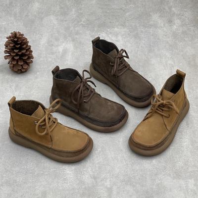 Женские короткие ботинки, на плоской подошве, на шнуровке, с круглым носком, повседневные, из мягкой кожи, хлопковые туфли