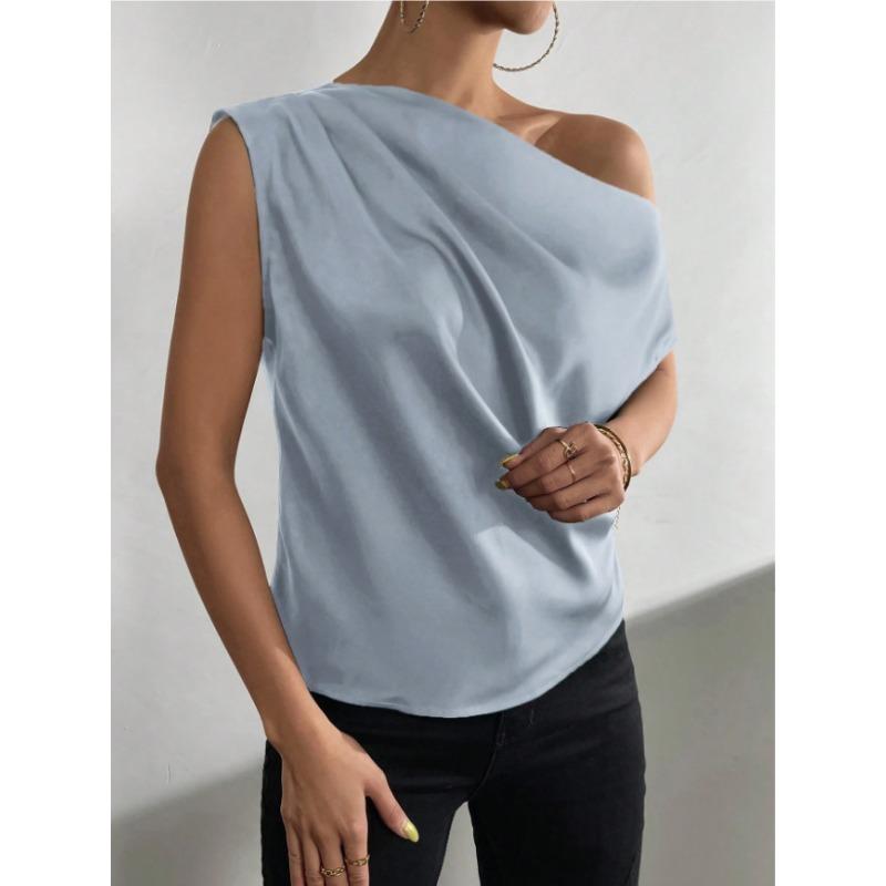 Весенняя однотонная атласная рубашка без рукавов с неровным косым плечом для женщин