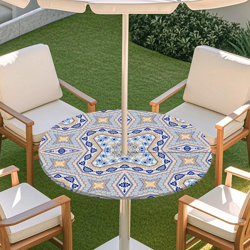 Outdoor Round Table Cover With Geometric Waterproof Elastic Edge Patio Garden Dining