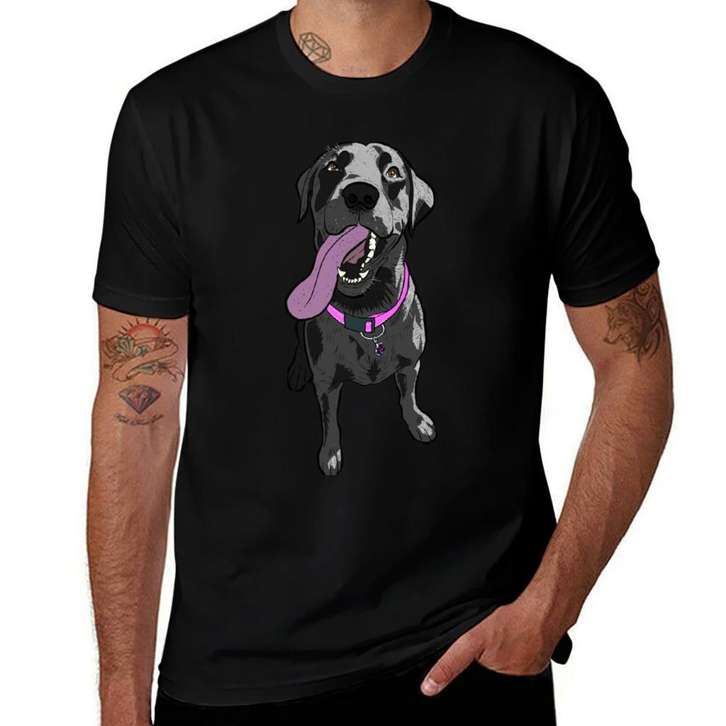 Comic Style Black Labrador Pink Collar Tshirt Regular Fit Plain Tee Shirt