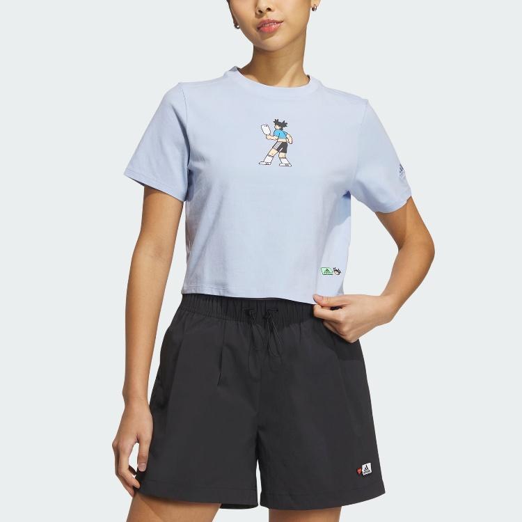 adidas Футболка с графическим логотипом и вышитым буквенным принтом, укороченный топ, женские топы, светло-розовый, синий, HY2819