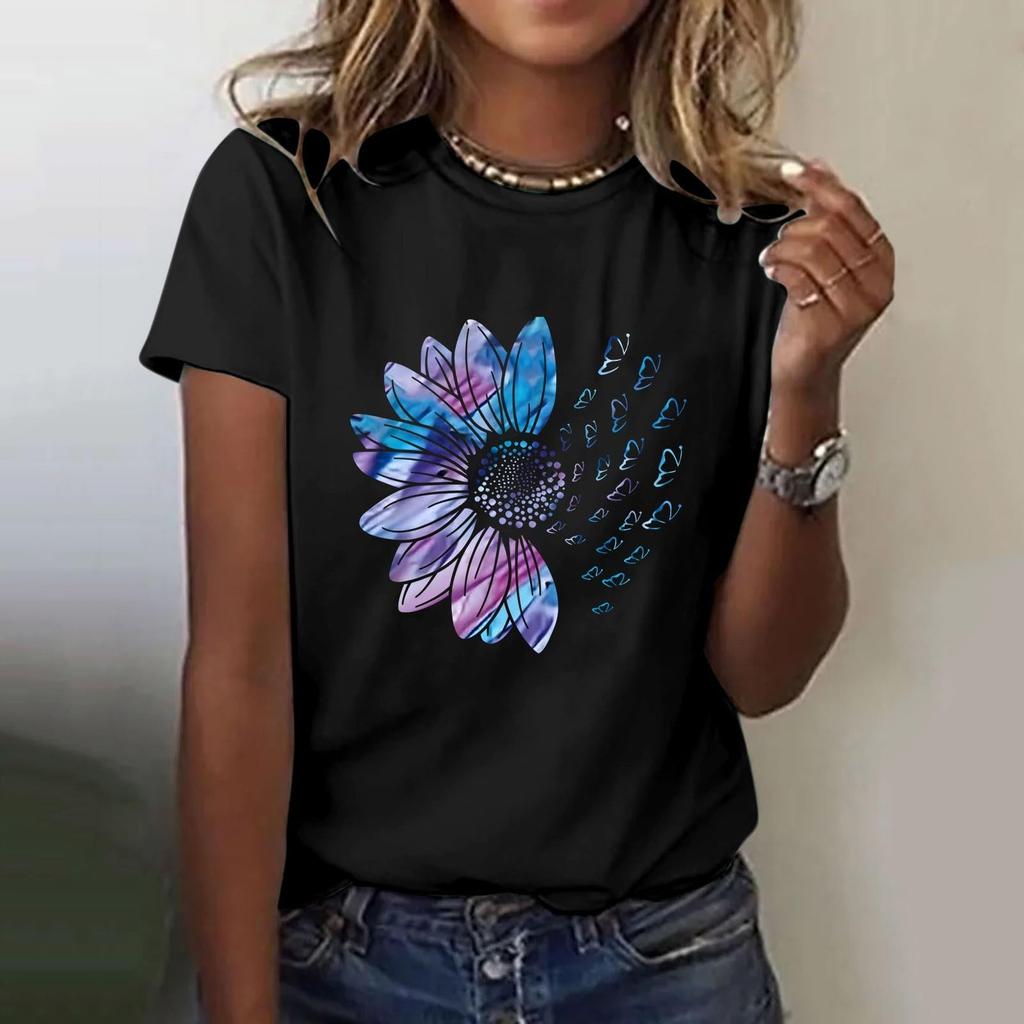 Женская повседневная футболка с короткими рукавами и круглым вырезом с цветочным принтом Топ