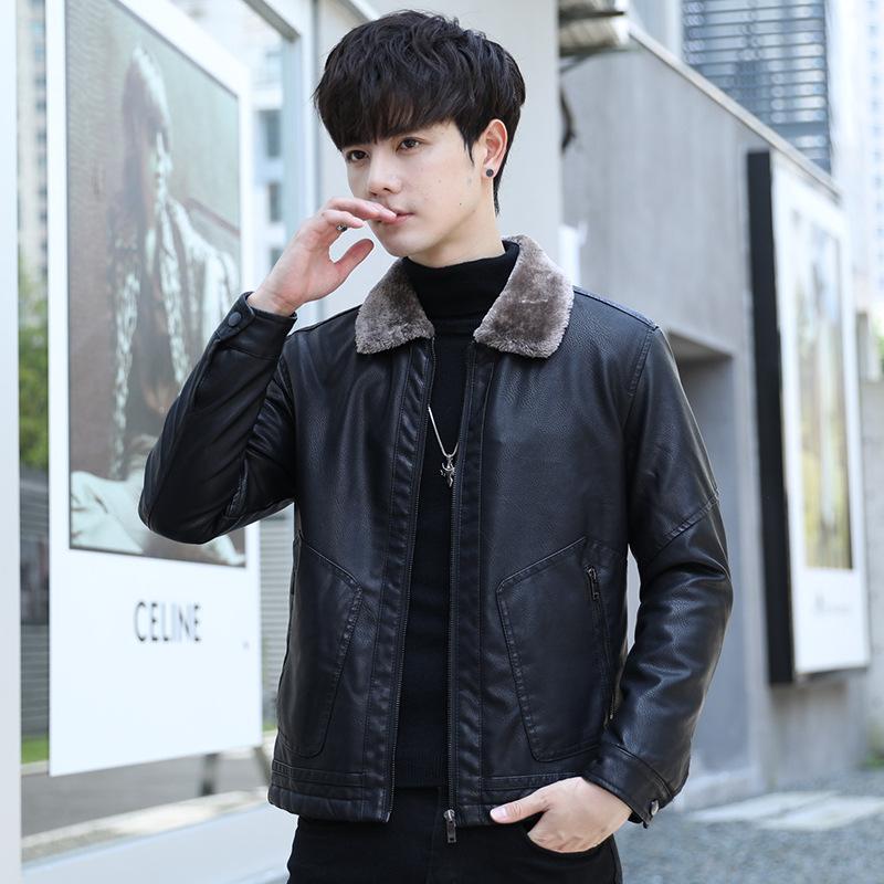 Men's Leather Jacket Autumn and Winter New Plush Insulation Jacket Trendy Motorcycle Leather Jacket Youth Fashion Label Clothes